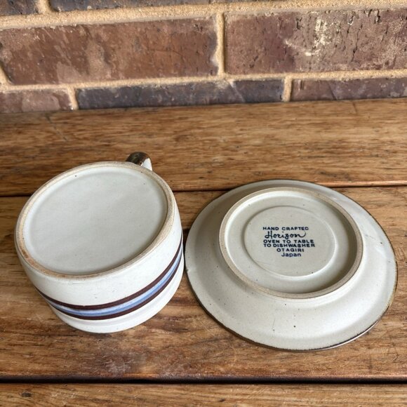 Otagiri HORIZON Speckled Stoneware Soup Mug and Saucer Brown/Blue Bands Japan - Picture 3 of 13